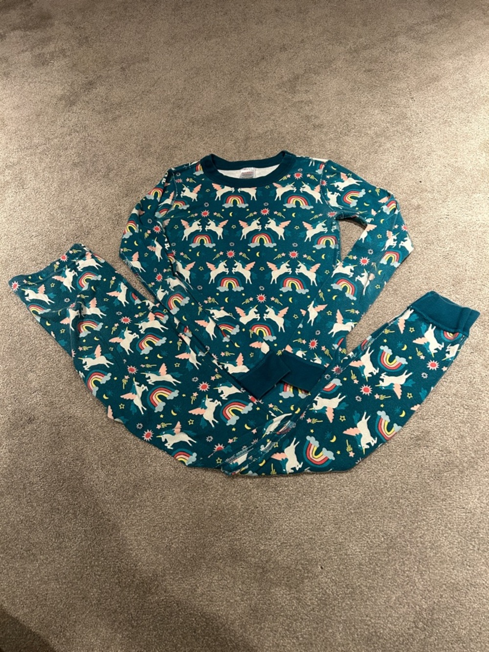 Hanna Andersson Teal Unicorn and Rainbow Pajama Set